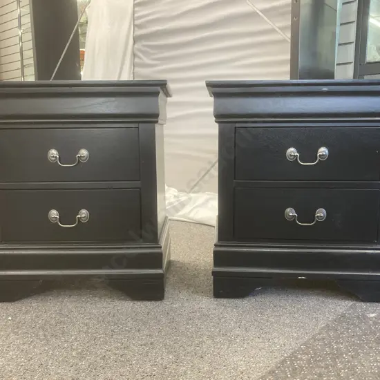 Pair of Black 2 Drawer Bedsides, Brush Chrome Drop Handles, H61 L56 D40cm