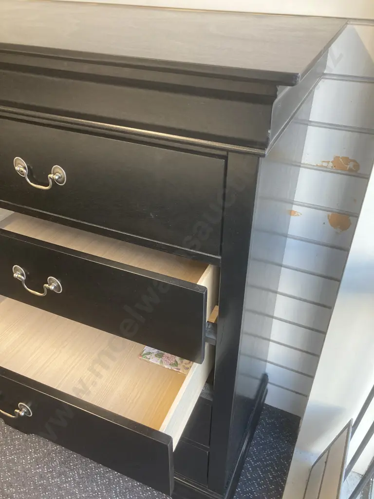 Black 5 Drawer Tallboy, Brush Chrome Drop Handles, H122 L84 D45cm Image 1++