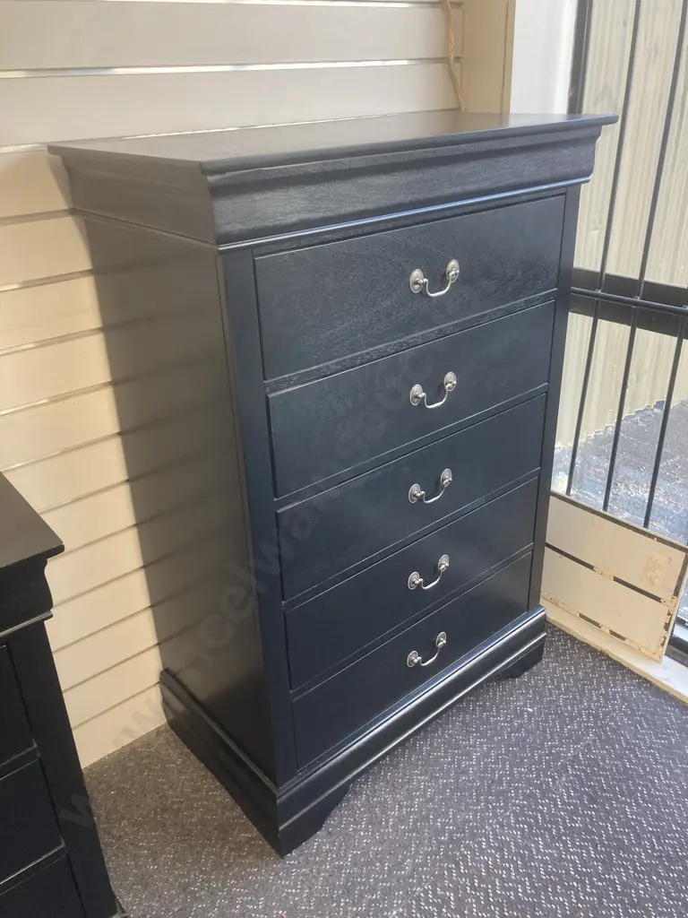 Black 5 Drawer Tallboy, Brush Chrome Drop Handles, H122 L84 D45cm Image 1++