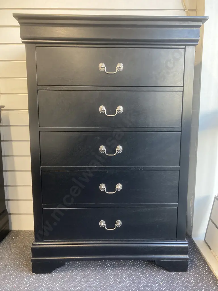 Black 5 Drawer Tallboy, Brush Chrome Drop Handles, H122 L84 D45cm Image 1++