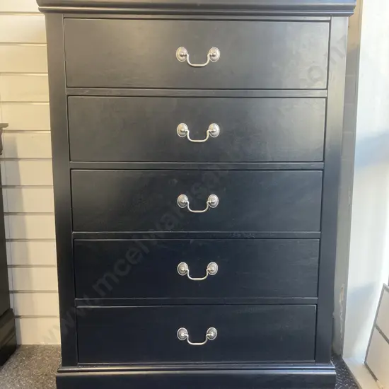 Black 5 Drawer Tallboy, Brush Chrome Drop Handles, H122 L84 D45cm