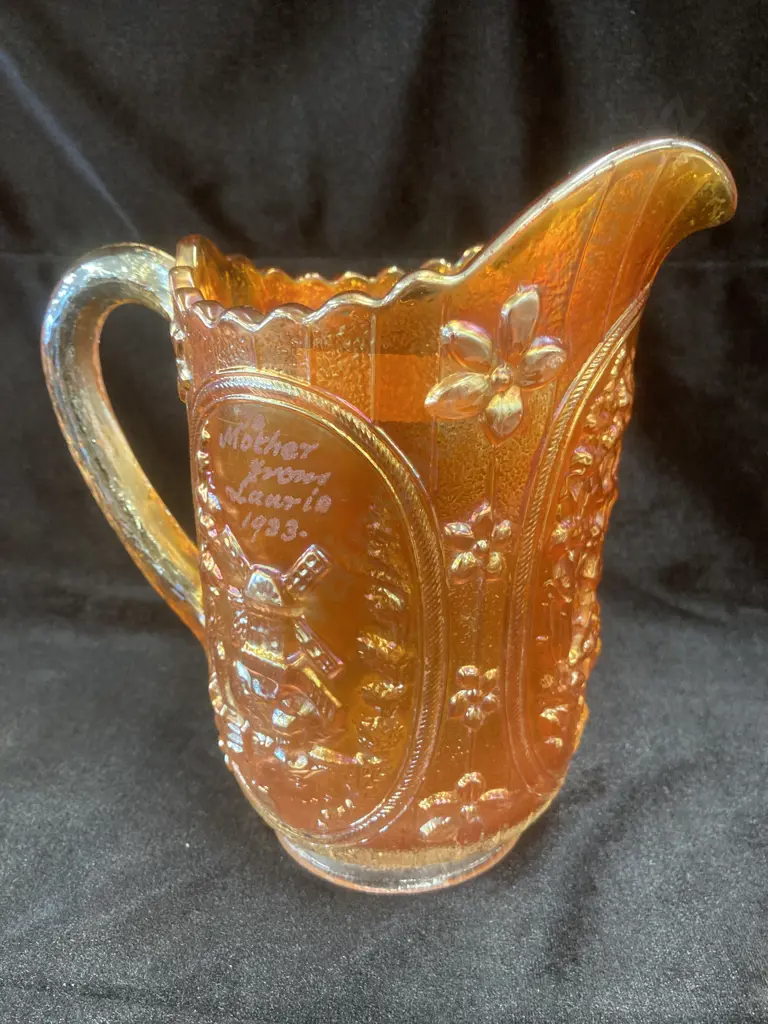 Vintage Stunning Imperial Glass Carnival Marigold “Windmill” Pitcher, H16cm Image 1++