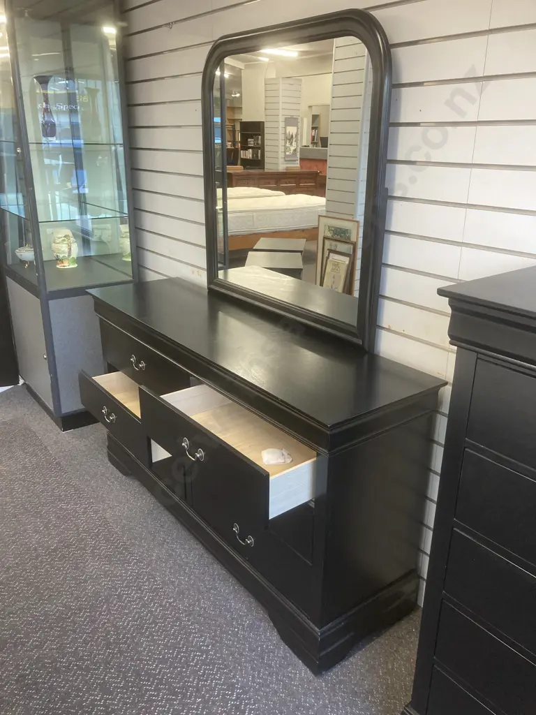 Black 6 Drawer Dressing Table, Brush Chrome Drop Handles, H180 L155 D45cm Image 1++
