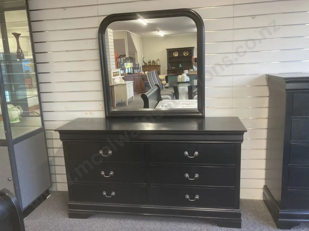 Black 6 Drawer Dressing Table, Brush Chrome Drop Handles, H180 L155 D45cm Image 1++