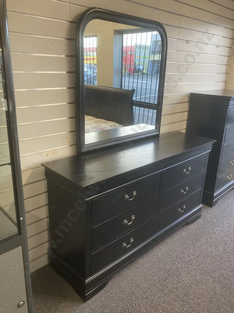 Black 6 Drawer Dressing Table, Brush Chrome Drop Handles, H180 L155 D45cm Image 1++