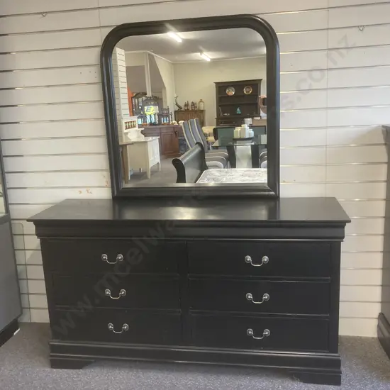 Black 6 Drawer Dressing Table, Brush Chrome Drop Handles, H180 L155 D45cm