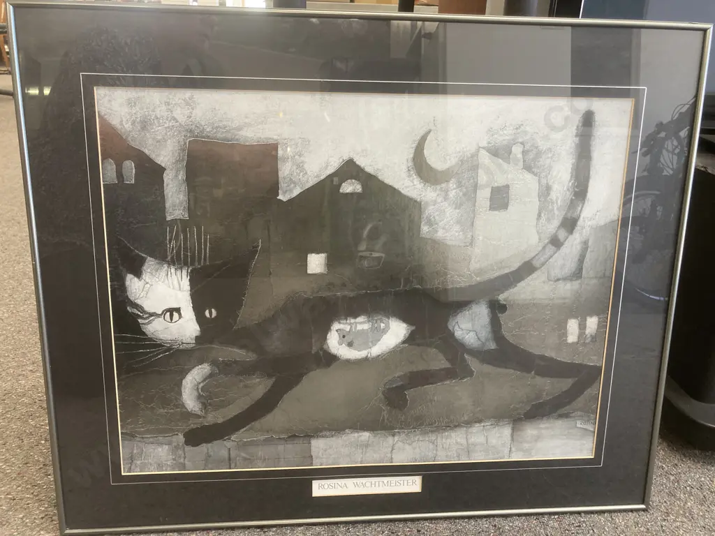 Framed Print by Rosina Wachtmeister, Black & Silver Tones Cat With Mouse, 63 x 77cm Image 1++