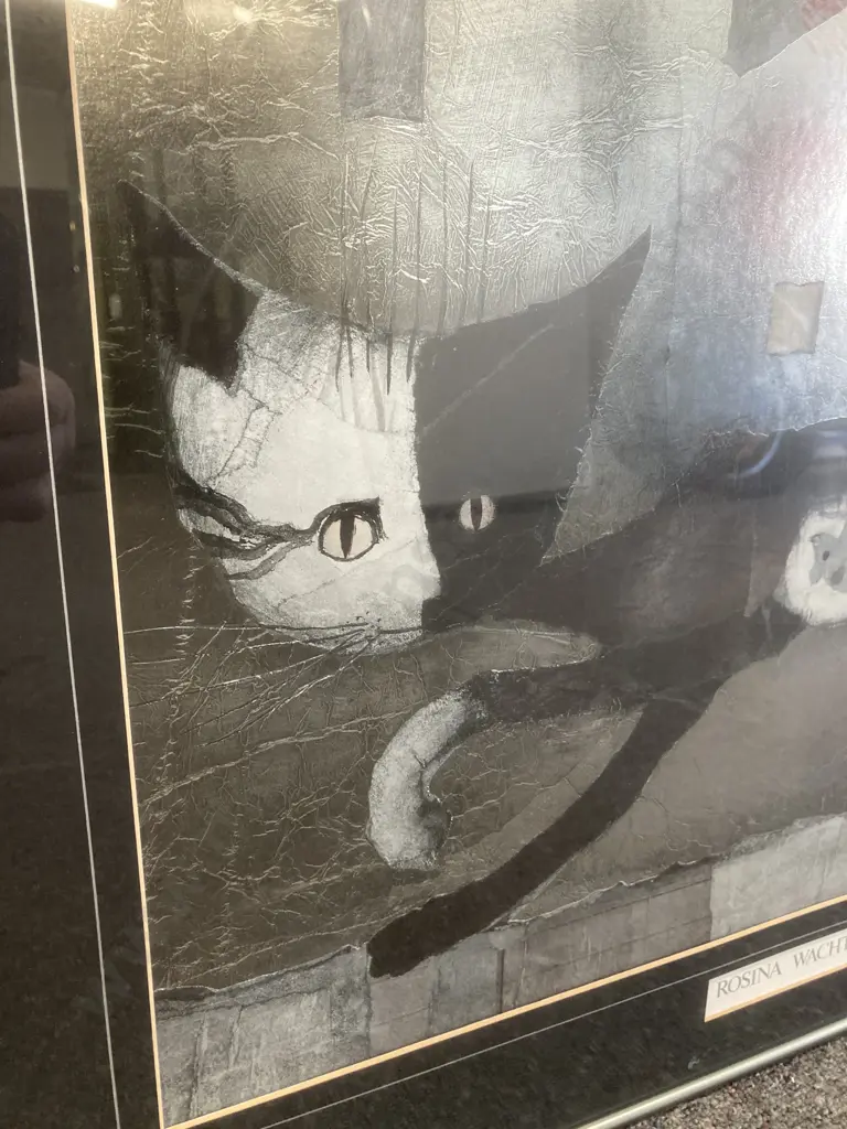 Framed Print by Rosina Wachtmeister, Black & Silver Tones Cat With Mouse, 63 x 77cm Image 1++