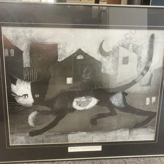 Framed Print by Rosina Wachtmeister, Black & Silver Tones Cat With Mouse, 63 x 77cm