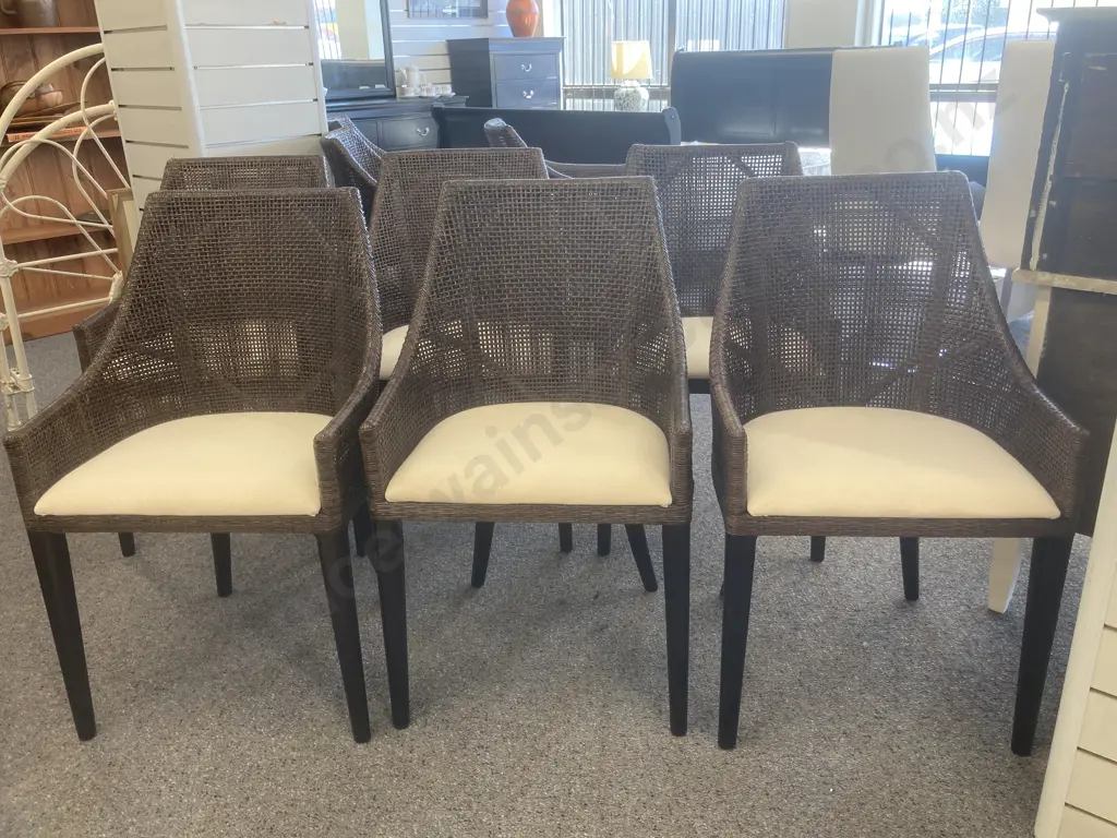 Set of Six Dining Chairs, Brown Woven Rattan, Sloping Frame, Slender Legs, Curved Backs, Cream Fabric Seats, 88 x 52cm Image 1++