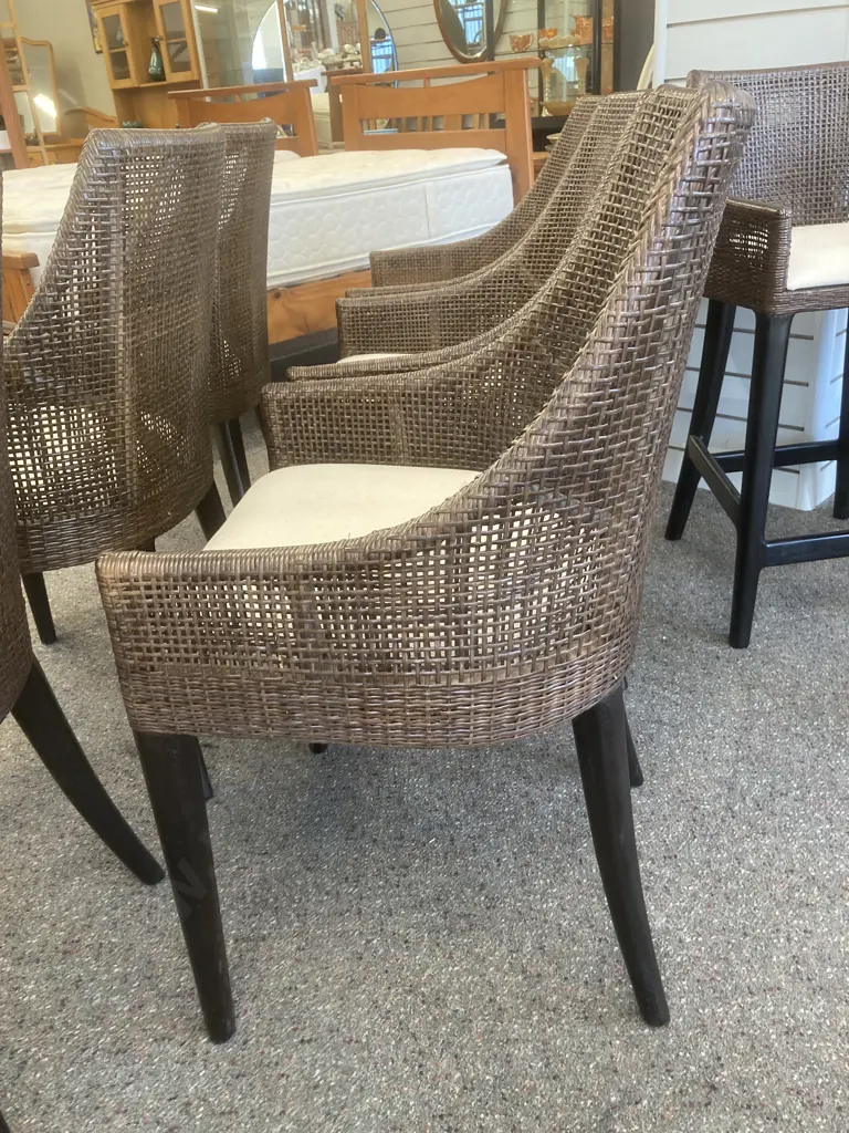 Set of Six Dining Chairs, Brown Woven Rattan, Sloping Frame, Slender Legs, Curved Backs, Cream Fabric Seats, 88 x 52cm Image 1++