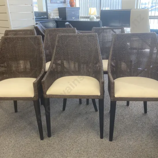 Set of Six Dining Chairs, Brown Woven Rattan, Sloping Frame, Slender Legs, Curved Backs, Cream Fabric Seats, 88 x 52cm