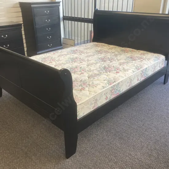 Black Queensize Sleigh Bed With a Sealy Garland Floral Mattress, H112 L224cm