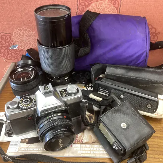 Minolta XG-7 & Manual, Minolta 45mm f1:2, Vivitar Auto Zoom 70-210mm f1:3.5 & Wide Angle 55mm 28mm 1:2 Lenses