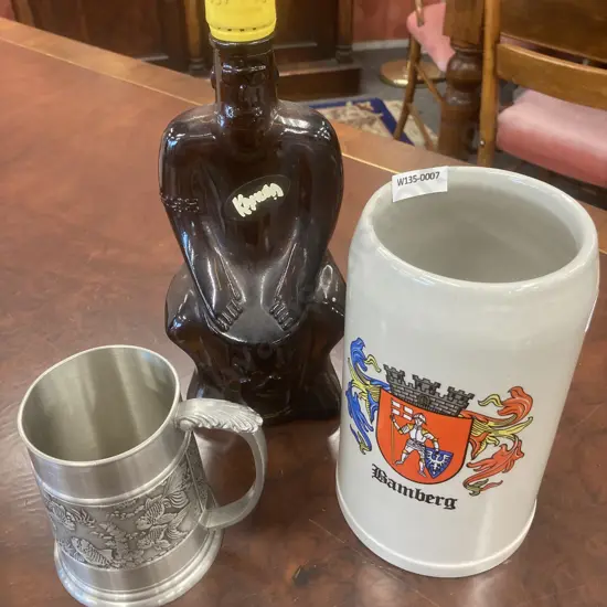 Vintage Kahlua Bottle, Large 'Bamberg' Beer Stein And Pewter Beer Stein