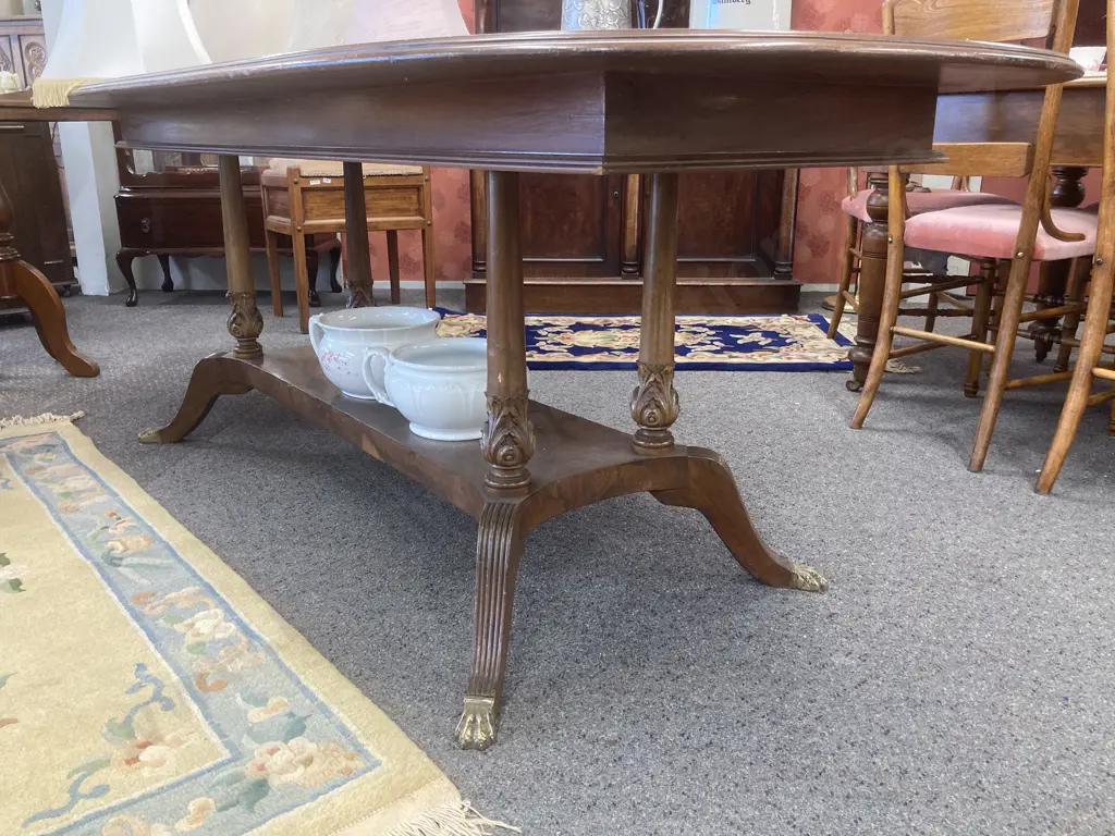 Antique Oval Dining Table Ornate Mahogany Inlaid Gilt Detail, Double Pedestal, Brass Claw Feet, H73 L200 W90cm Image 1++