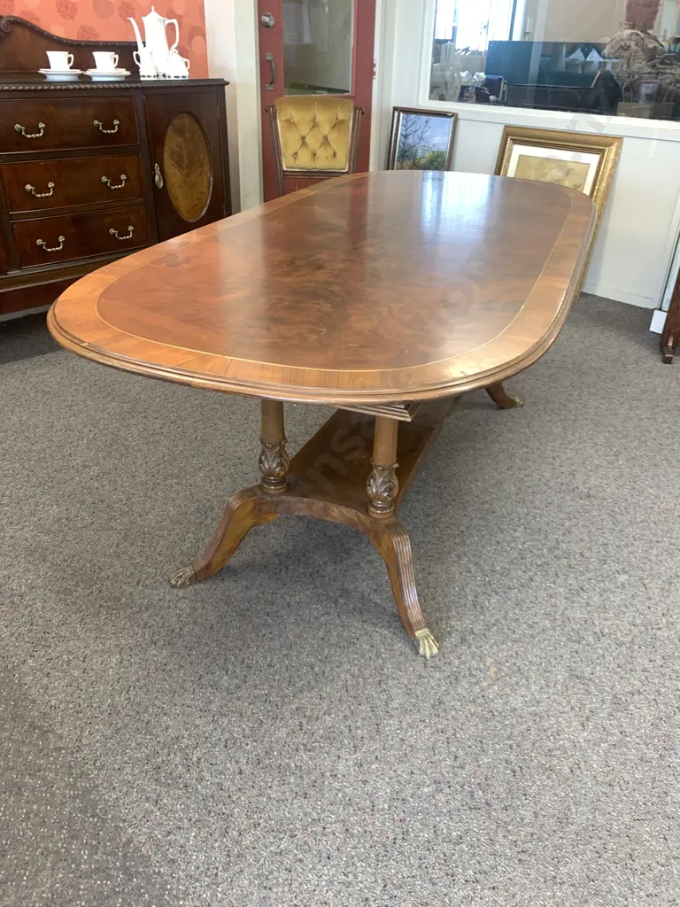 Antique Oval Dining Table Ornate Mahogany Inlaid Gilt Detail, Double Pedestal, Brass Claw Feet, H73 L200 W90cm Image 1++