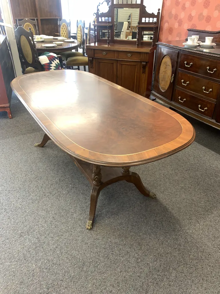 Antique Oval Dining Table Ornate Mahogany Inlaid Gilt Detail, Double Pedestal, Brass Claw Feet, H73 L200 W90cm Image 1++
