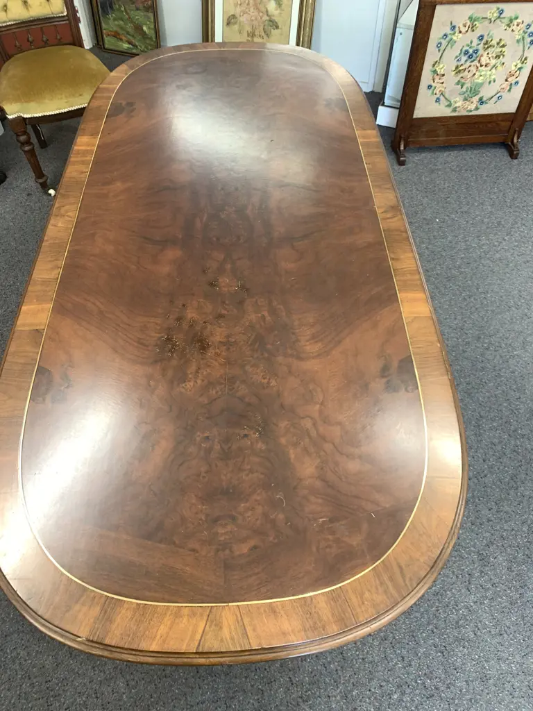 Antique Oval Dining Table Ornate Mahogany Inlaid Gilt Detail, Double Pedestal, Brass Claw Feet, H73 L200 W90cm Image 1++
