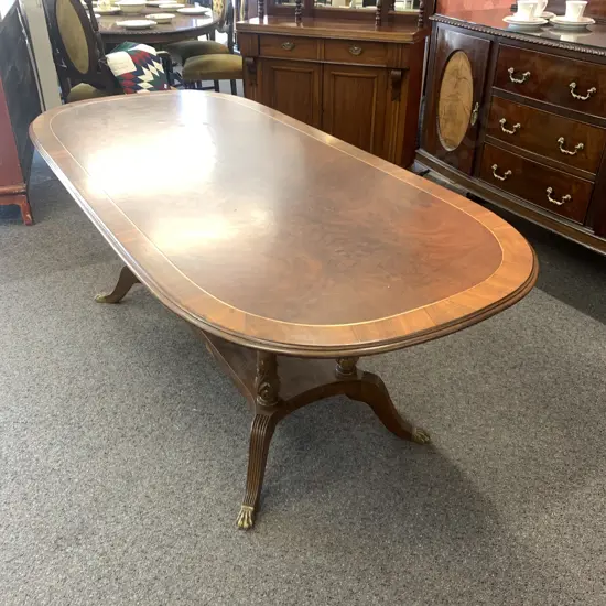 Antique Oval Dining Table Ornate Mahogany Inlaid Gilt Detail, Double Pedestal, Brass Claw Feet, H73 L200 W90cm