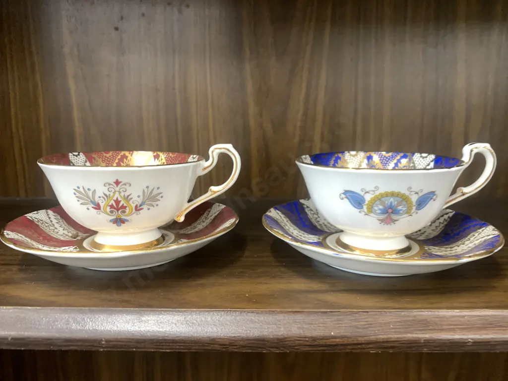 Vintage Paragon Bone China Tea Cup & Saucer x 2, Red  White / Blue White Image 1++