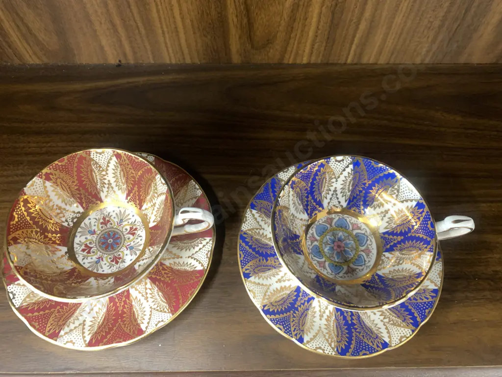 Vintage Paragon Bone China Tea Cup & Saucer x 2, Red  White / Blue White Image 1++