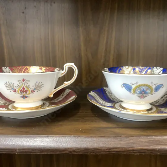 Vintage Paragon Bone China Tea Cup & Saucer x 2, Red  White / Blue White
