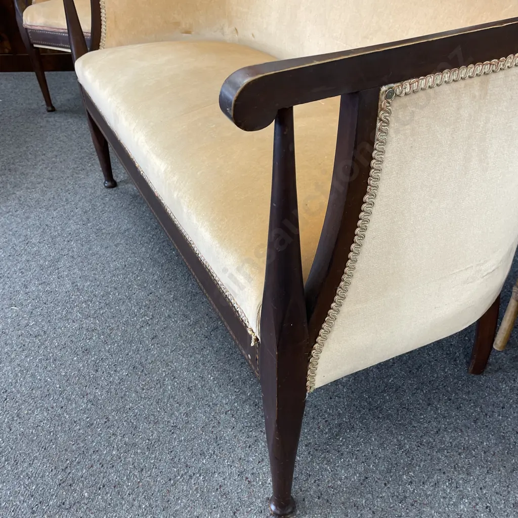 Sheraton Lounge Suite. Two seater and single chair. Mahogany frame with Marquetry inlay. Apricot fabric with braiding Image 1++