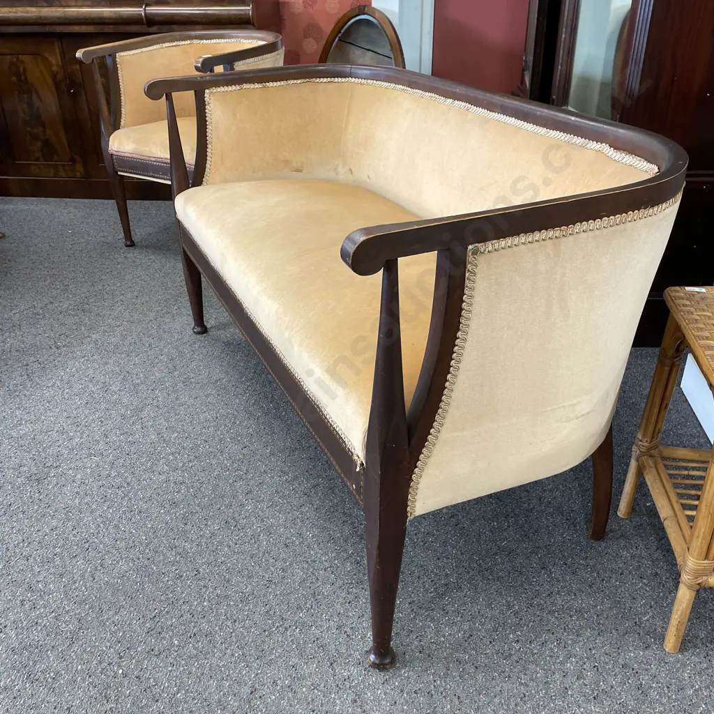 Sheraton Lounge Suite. Two seater and single chair. Mahogany frame with Marquetry inlay. Apricot fabric with braiding Image 1++