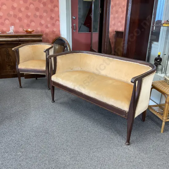 Sheraton Lounge Suite. Two seater and single chair. Mahogany frame with Marquetry inlay. Apricot fabric with braiding