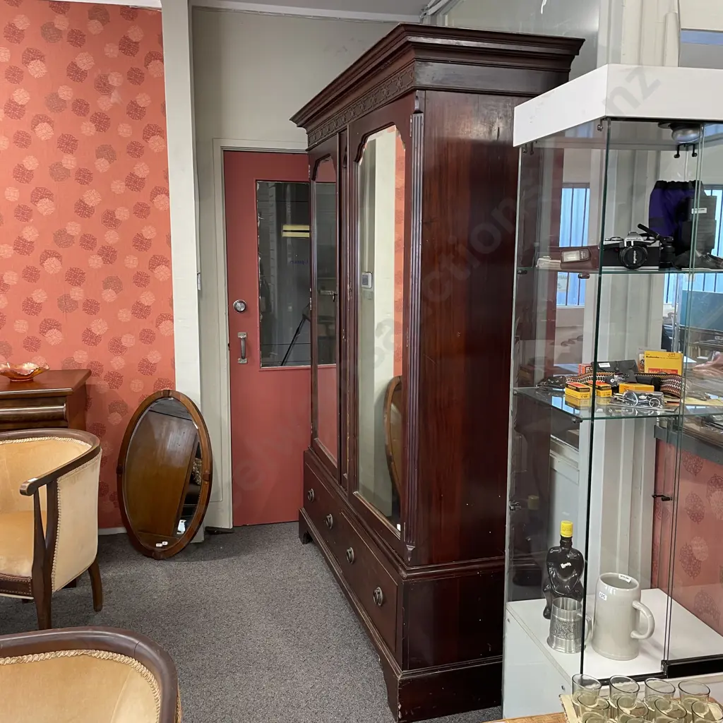 Stunning Antique Harris and Lebus Arts and Crafts Solid Mahogany Wardrobe. 2 Door, 2 drawer.  Bevelled glass mirrors. Image 1++