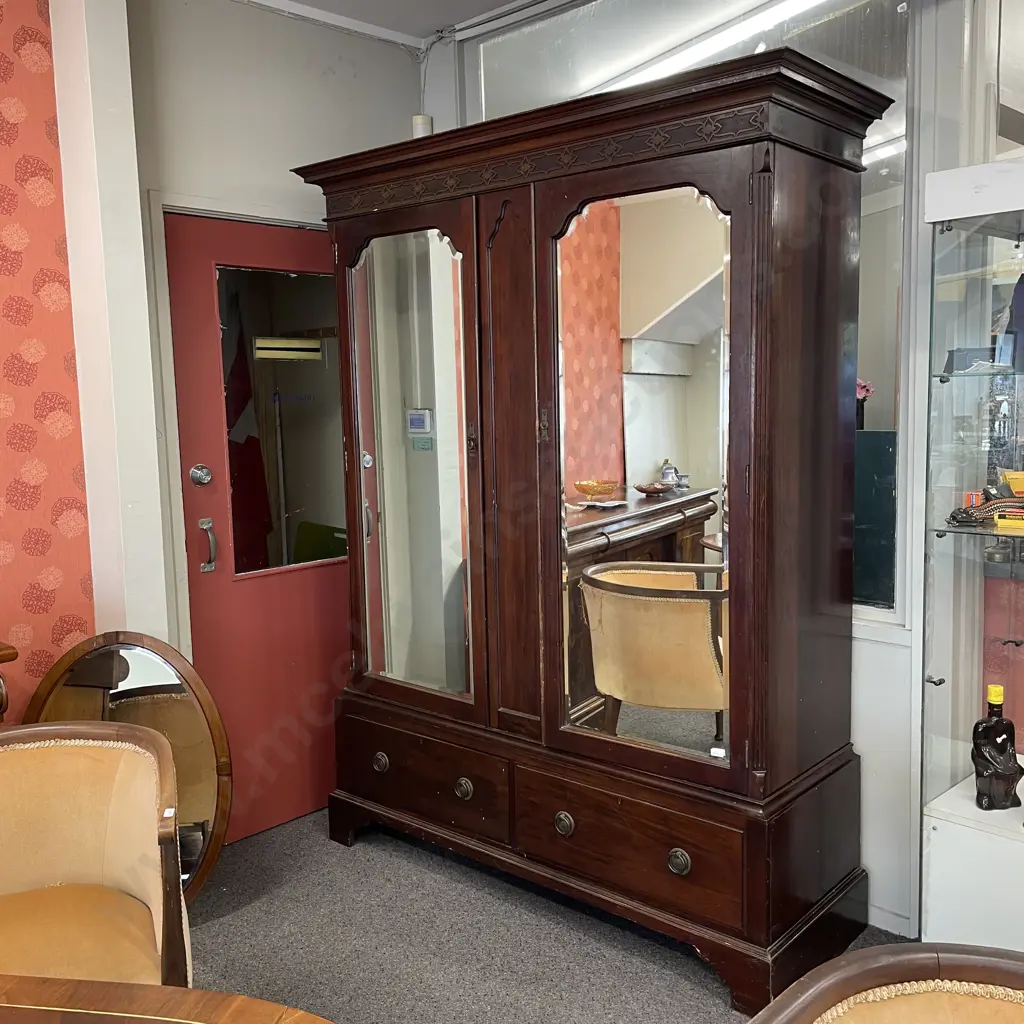 Stunning Antique Harris and Lebus Arts and Crafts Solid Mahogany Wardrobe. 2 Door, 2 drawer.  Bevelled glass mirrors. Image 1++