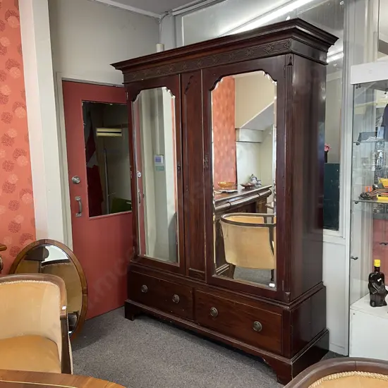 Stunning Antique Harris and Lebus Arts and Crafts Solid Mahogany Wardrobe. 2 Door, 2 drawer.  Bevelled glass mirrors.