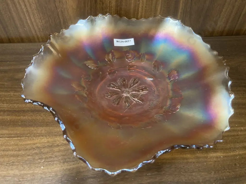 Antique Dugan Cosmos Variant Peach Opal Carnival Glass Ruffled Bowl, Dia25cm Image 1++