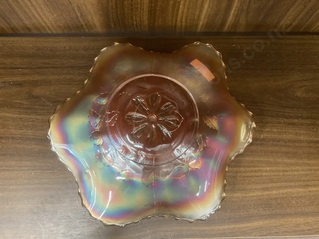 Antique Dugan Cosmos Variant Peach Opal Carnival Glass Ruffled Bowl, Dia25cm Image 1++