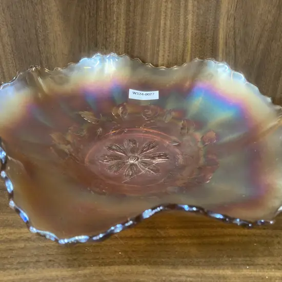 Antique Dugan Cosmos Variant Peach Opal Carnival Glass Ruffled Bowl, Dia25cm