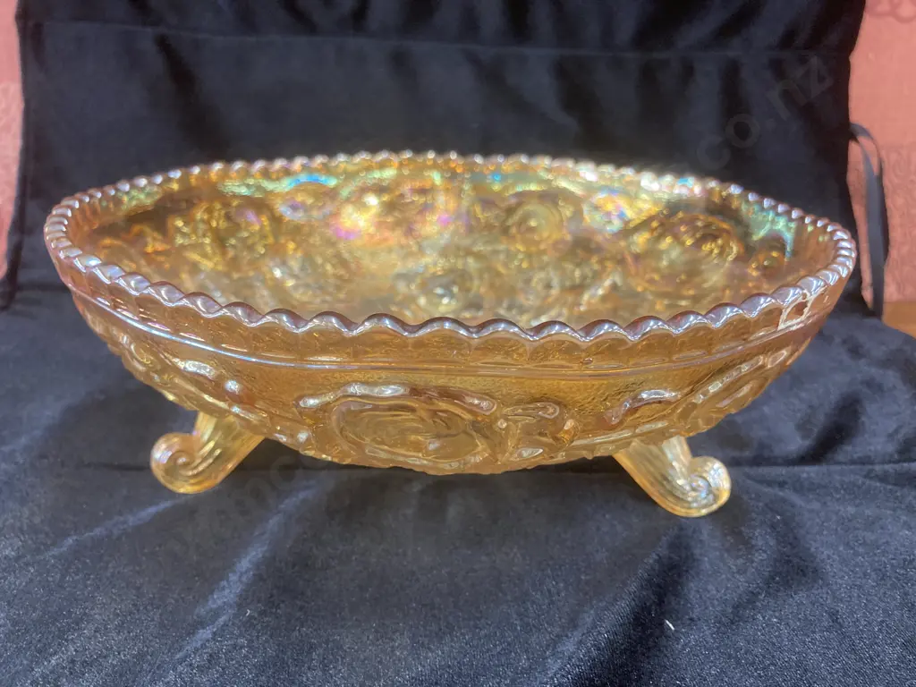 Antique Imperial Glass Lustre Rose Pattern Marigold Carnival Glass Footed Dish, 8 x 23cm Image 1++