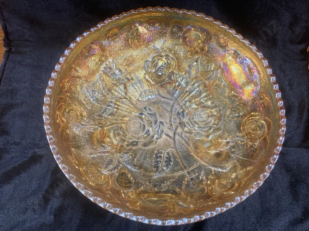 Antique Imperial Glass Lustre Rose Pattern Marigold Carnival Glass Footed Dish, 8 x 23cm Image 1++