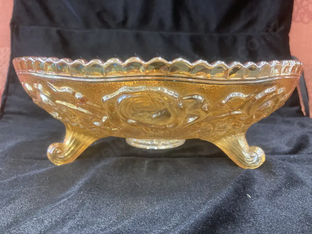 Antique Imperial Glass Lustre Rose Pattern Marigold Carnival Glass Footed Dish, 8 x 23cm Image 1++