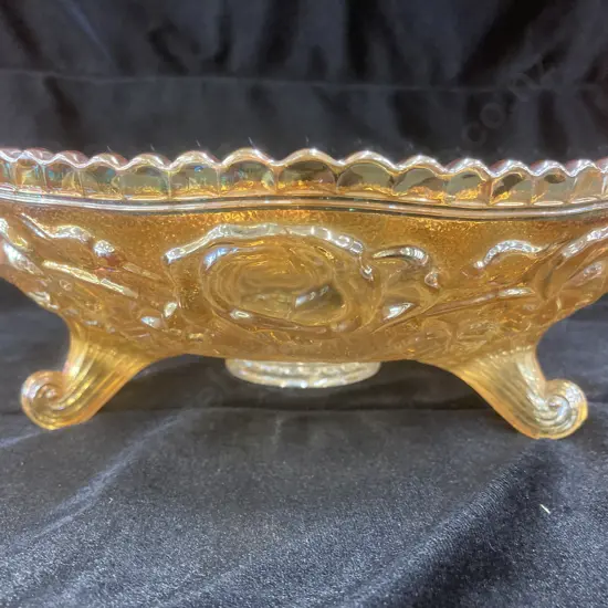 Antique Imperial Glass Lustre Rose Pattern Marigold Carnival Glass Footed Dish, 8 x 23cm