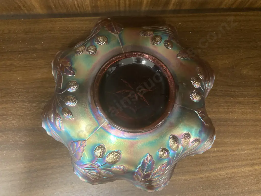Rare Vintage Fenton Peacock & Grape Amethyst Carnival Glass Bowl with Bearded Berry Exterior, H6 Dia22cm Image 1++