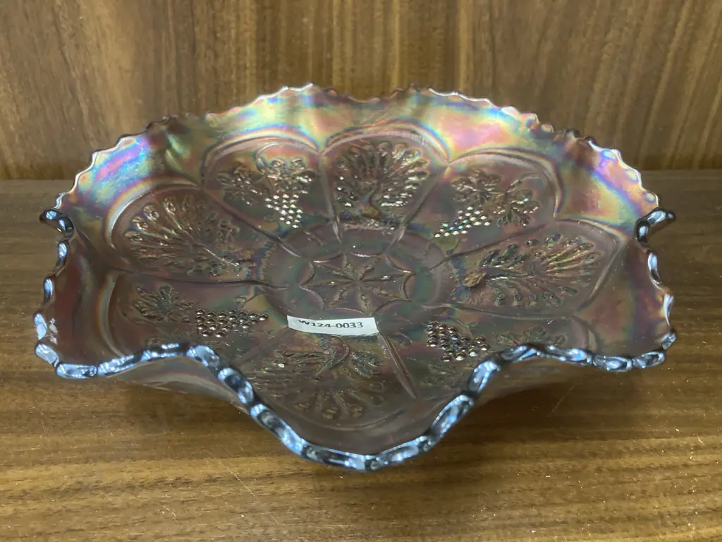 Rare Vintage Fenton Peacock & Grape Amethyst Carnival Glass Bowl with Bearded Berry Exterior, H6 Dia22cm Image 1++