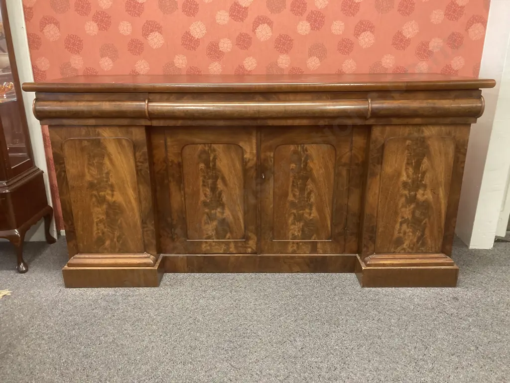 Early Victorian Sideboard With Flame Mahogany Cupboard Door Fronts With Keys, c1850, H90 L184 D54cm Image 1++