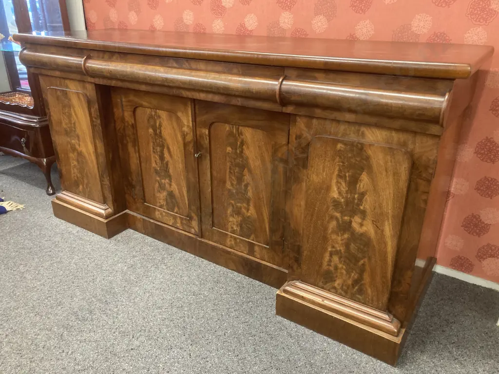 Early Victorian Sideboard With Flame Mahogany Cupboard Door Fronts With Keys, c1850, H90 L184 D54cm Image 1++