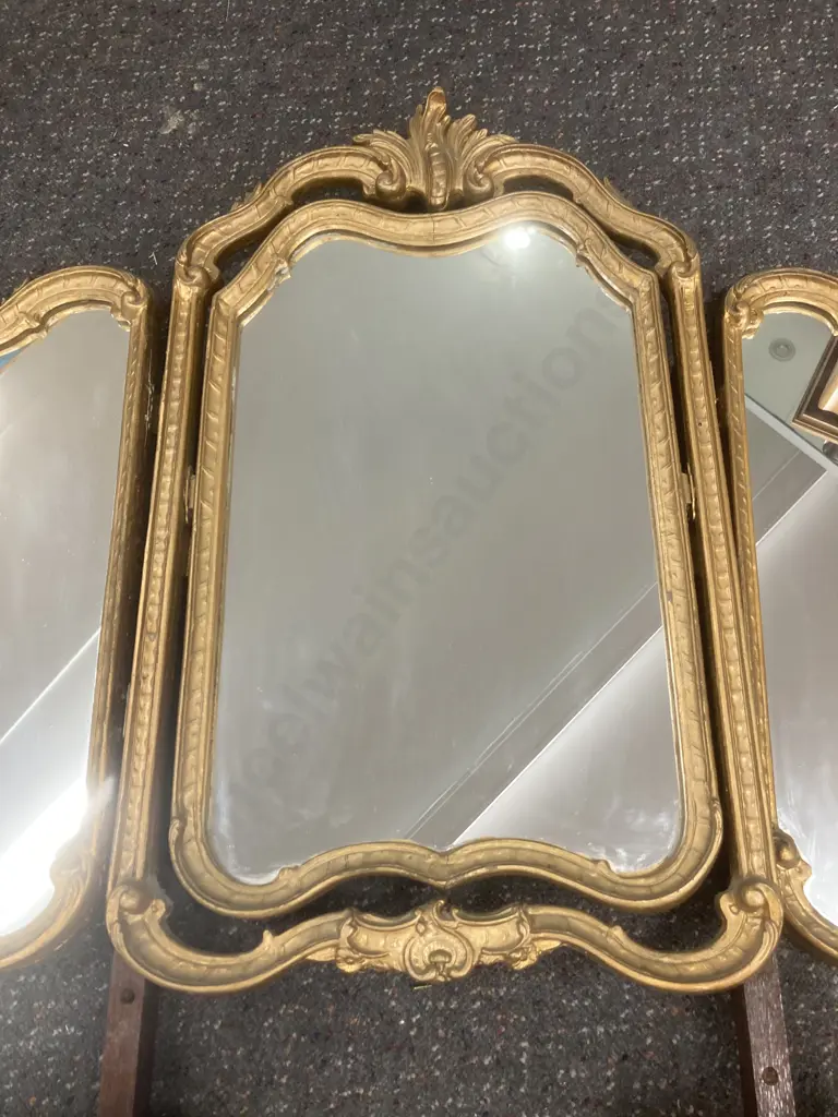Antique Gilt Hand Carved Triple Swing Dressing Table Mirror, 66 x 86cm (Mirrors) Image 1++