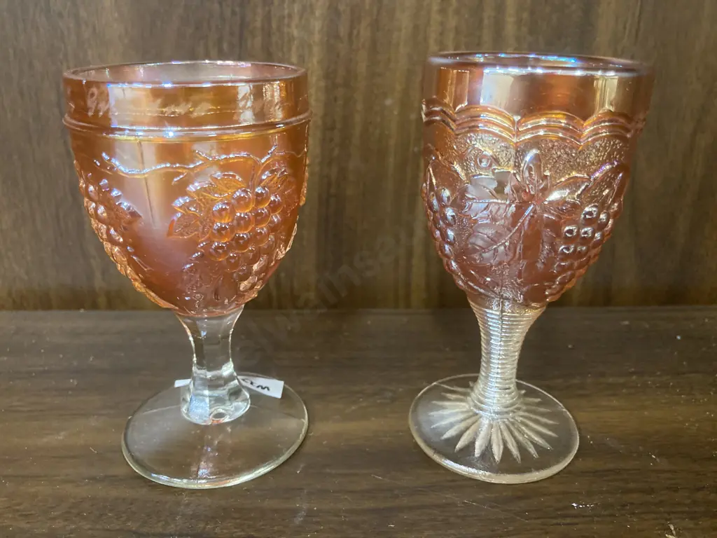 Imperial Marigold Carnival Glass "Grape" Design Goblet & "Grape & Cable" Goblet Image 1++