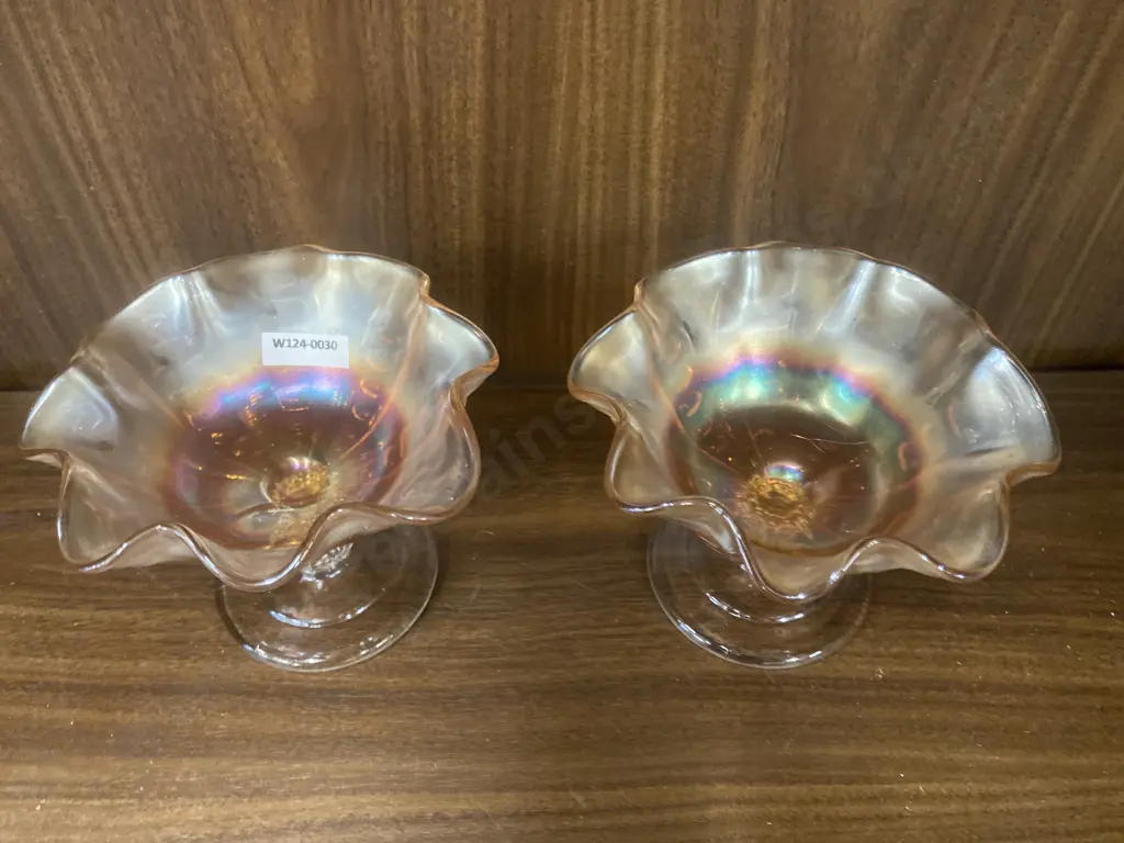 Pair of Antique Dugan Coin Spot Marigold Carnival Glass Compotes, c1910, H11cm Dia15cm Image 1++