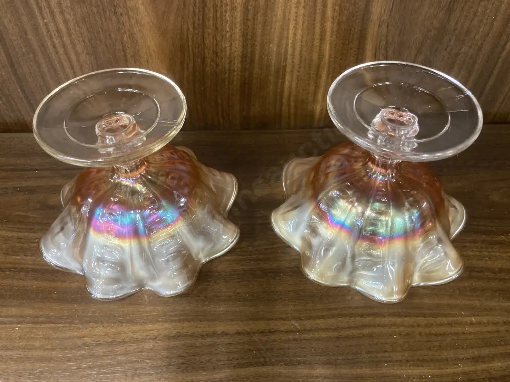 Pair of Antique Dugan Coin Spot Marigold Carnival Glass Compotes, c1910, H11cm Dia15cm Image 1++
