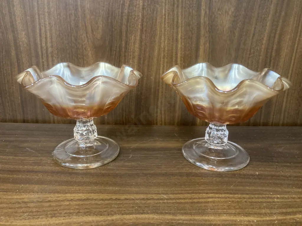 Pair of Antique Dugan Coin Spot Marigold Carnival Glass Compotes, c1910, H11cm Dia15cm Image 1++