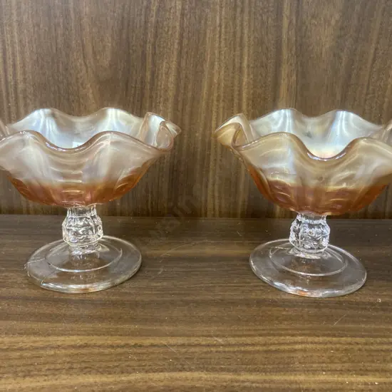 Pair of Antique Dugan Coin Spot Marigold Carnival Glass Compotes, c1910, H11cm Dia15cm
